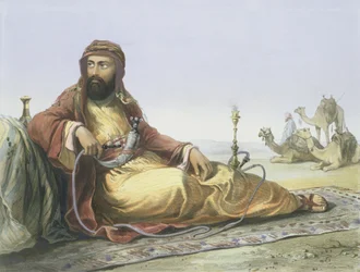 En araber hviler sig i ørkenen, titelblad fra "The Valley of the Nile", graveret af Lemoine, udgivet af Lemercier, 1848